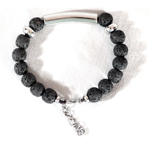 Bohemian Bracelet Silver Tone Chain Lava Stone Black Beads Lobster Claw Clasp - Picture 7 of 8